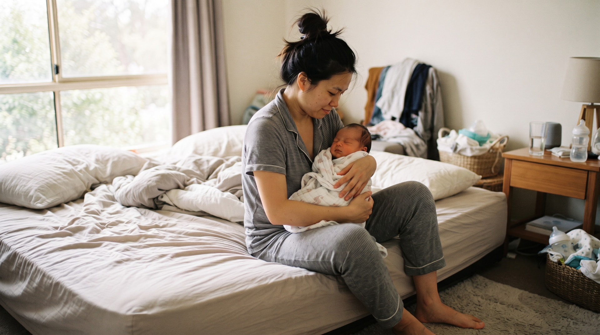 Mother gently holding her sleeping newborn